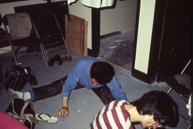 Colin Campbell and Margaret Dragu, Dressing Room Still Life; dancer, choreographer, cigarette, flipflop, bandages (not seen), Toronto, 1982–84